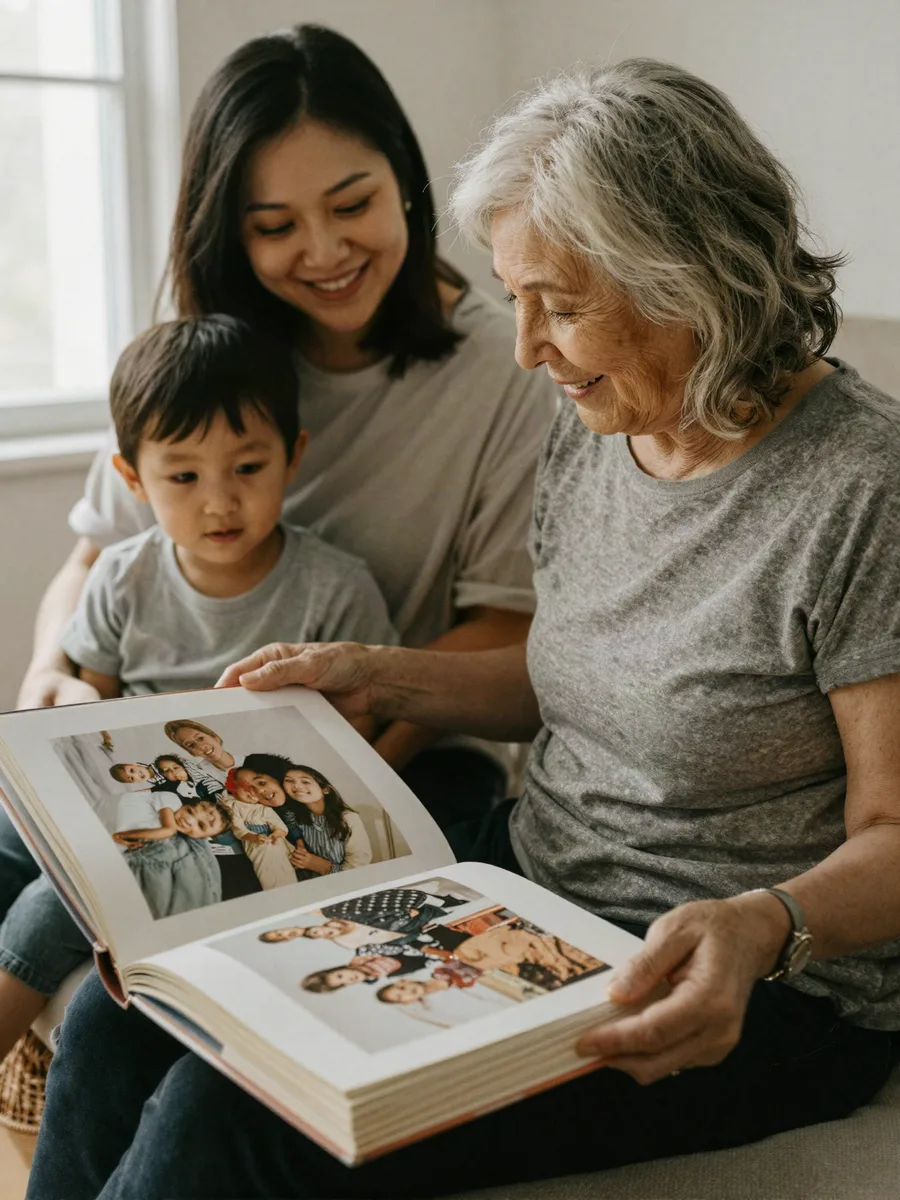 Una madre en su 70 cumpleaños hojea un álbum de fotos familiar con su hija y su nieto