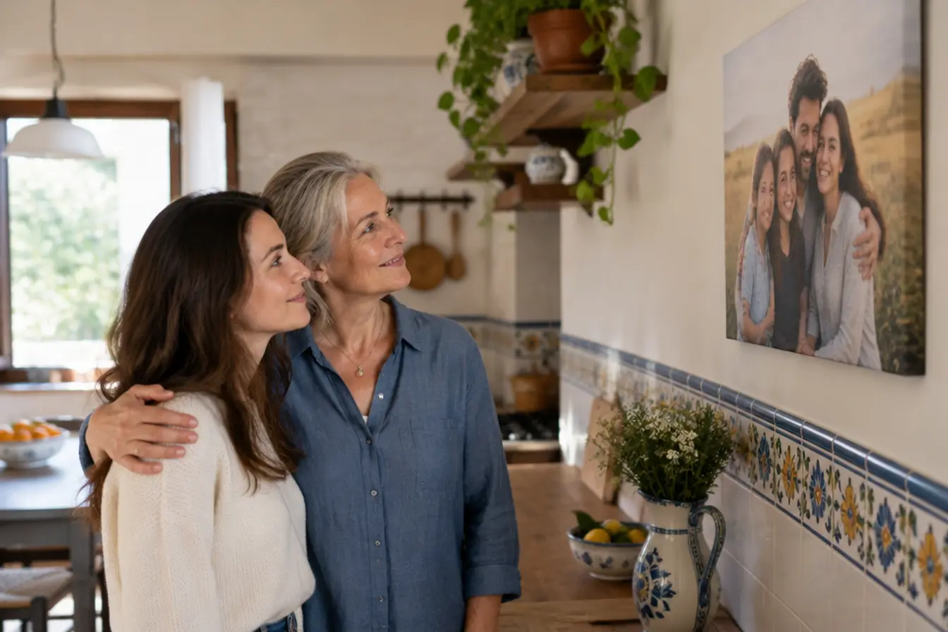 Una madre y su hija junto a un lienzo con sus fotos